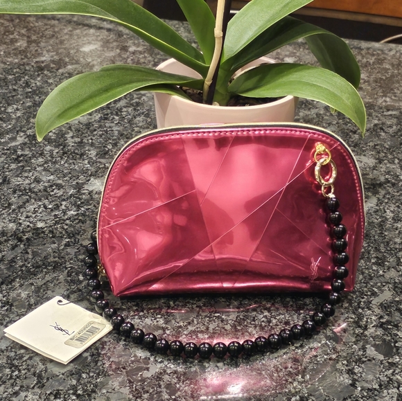 Yves Saint Laurent Handbags - YSL Yves Saint Laurent Pink Patent Leather Clutch w/Black Faux Pearl Strap